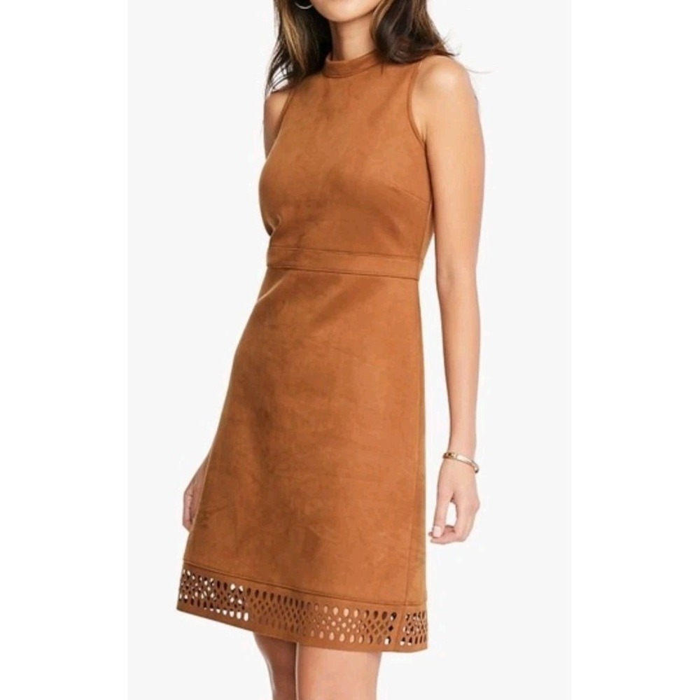 Ann Taylor Factory Tan Faux Suede Dress High Neck Keyhole Laser Cut Hem Size 0